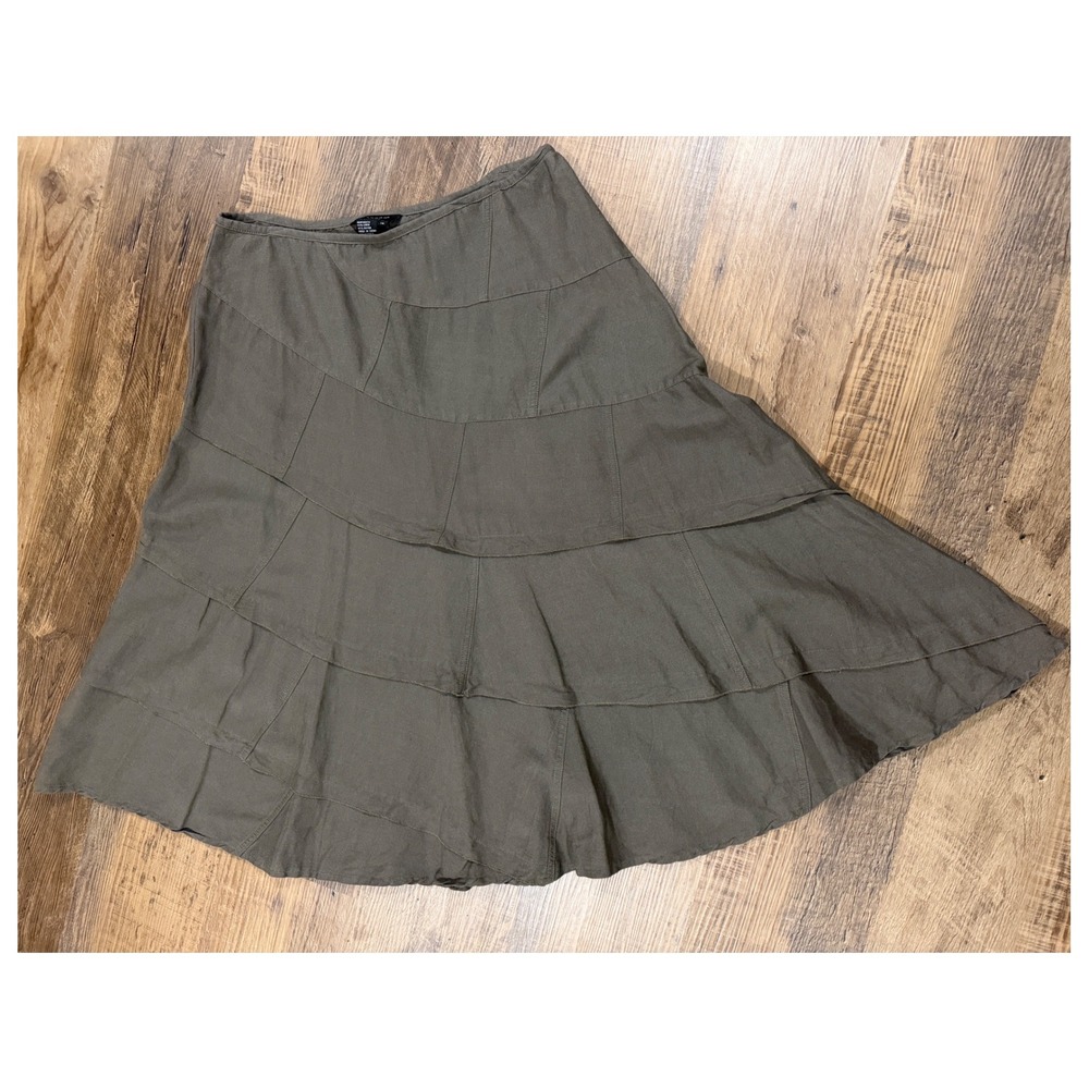Sandro Women's Size 16 Olive Green‎ Linen Blend Patchwork Tiered Midi Skirt